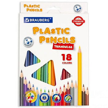 Карандаши цветные пластиковые BRAUBERG PREMIUM, 18 цветов, трехгранные, грифель мягкий 3 мм, 181662