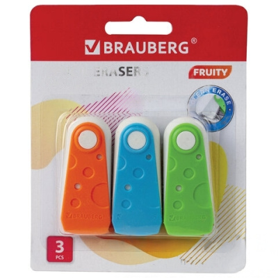 Набор ластиков BRAUBERG "FRUITY" 3 шт., 57х24х15 мм, белые, пластиковый футляр ассорти, 229563