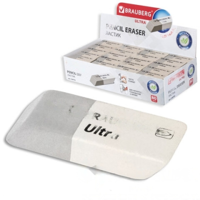 Ластик BRAUBERG "Ultra", 41х14х8 мм, серо-белый, натуральный каучук, 228703