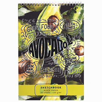 Скетчбук, черная бумага 120 г/м2, 195х300 мм, 30 л., гребень, SoftTouch, выборочный лак, "Авокадо", 97644