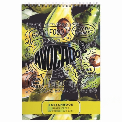 Скетчбук, черная бумага 120 г/м2, 195х300 мм, 30 л., гребень, SoftTouch, выборочный лак, "Авокадо", 97644