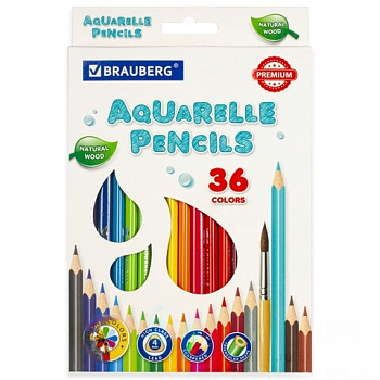 Карандаши цветные акварельные BRAUBERG PREMIUM AQUARELLE, 36 цветов, грифель мягкий 4 мм, 181674