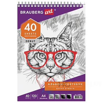 Скетчбук, белая бумага 120 г/м2, 205х290 мм, 40 л., гребень, жёсткая подложка, BRAUBERG ART DEBUT, 110984