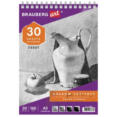 Скетчбук, белая бумага 160 г/м2, 145х205 мм, 30 л., гребень, жёсткая подложка, BRAUBERG ART DEBUT, 110989