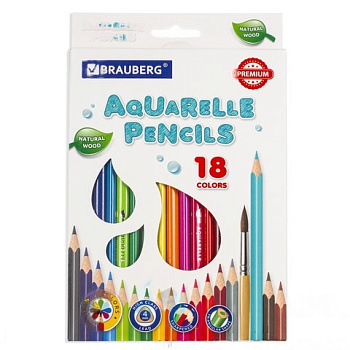 Карандаши цветные акварельные BRAUBERG PREMIUM AQUARELLE, 18 цветов, грифель мягкий 4 мм, 181672