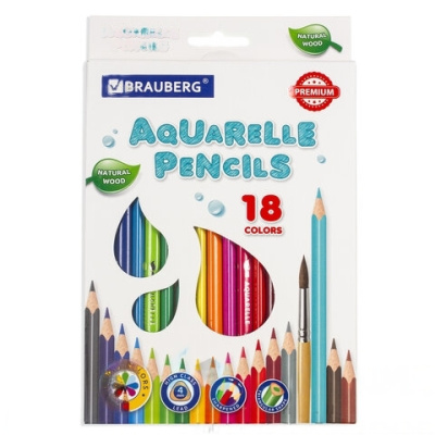Карандаши цветные акварельные BRAUBERG PREMIUM AQUARELLE, 18 цветов, грифель мягкий 4 мм, 181672