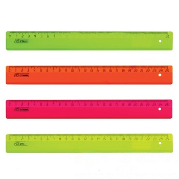 Линейка пластиковая 25 см, СТАММ, флуоресцентная, ассорти, 4 цвета, ЛН21