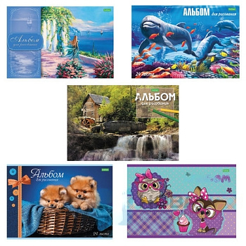 Альбом для рисования, А4, 24 листа, скоба, обложка офсет, HATBER "ECO", 205х290 мм, Ассорти (5 видов), 24А4C