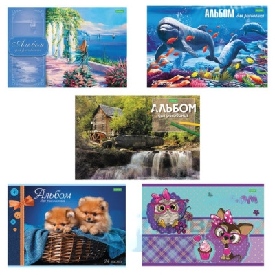 Альбом для рисования, А4, 24 листа, скоба, обложка офсет, HATBER "ECO", 205х290 мм, Ассорти (5 видов), 24А4C