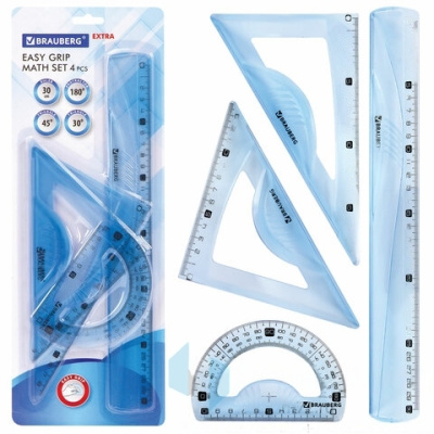 Набор чертежный BRAUBERG "EXTRA" (линейка 30 см, 2 угольника, транспортир), тонированный голубой, 210747