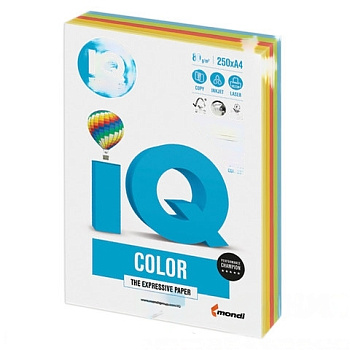 Бумага цветная IQ color, А4, 80 г/м2, 250 л., (5 цветов x 50 листов), микс интенсив, RB02