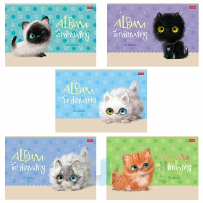Альбом для рисования, А4, 32 л., скоба, обложка картон, ламинация, HATBER, 205х290 мм, "Кошарики" (5 видов), 32А4лВ
