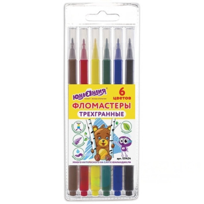 Фломастеры ЮНЛАНДИЯ 6 цветов, "ЗООПАРК", трехгранные, вентилируемый колпачок, 151424