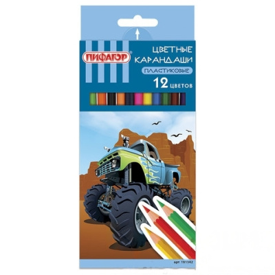 Карандаши цветные ПИФАГОР "ДЖИП", 12 цветов, пластиковые, классические заточенные, 181342