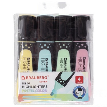 Набор текстовыделителей BRAUBERG 4 шт., АССОРТИ, "SUPER PASTEL", прорезиненный корпус, линия 1-5 мм, 151756