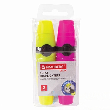Набор текстовыделителей BRAUBERG 2 шт., ЖЕЛТЫЙ/РОЗОВЫЙ, "DELTA", линия 1-5 мм, 151726