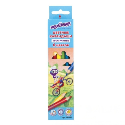 Карандаши цветные ЮНЛАНДИЯ "ЮНЛАНДИК БЫСТРЕЕ ВСЕХ", 6 цветов, трехгранные заточенные, 181387
