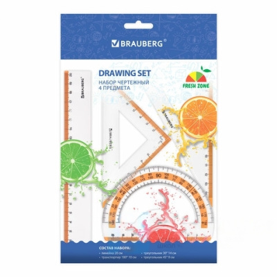 Набор чертежный средний BRAUBERG "FRESH ZONE" (линейка 20 см, 2 треугольника, транспортир), оранжевая шкала, 210763