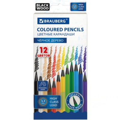 Карандаши цветные BRAUBERG, 12 цветов, черное дерево, грифель мягкий 3,3 мм, 181856