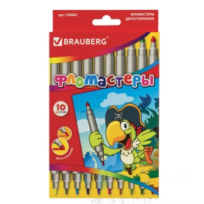 Фломастеры BRAUBERG, 10 цветов, двухсторонние, 2 пишущих узла 2 и 5 мм, вентилируемый колпачок, картонная упаковка, 150682