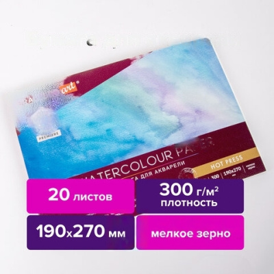 Альбом для акварели, бумага 300 г/м2, 190х270 мм, мелкое зерно, 20 листов, склейка, BRAUBERG ART PREMIERE, 113224