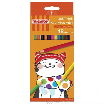 Карандаши цветные ПИФАГОР "КОТИК", 12 цветов, пластиковые, классические заточенные, 181340