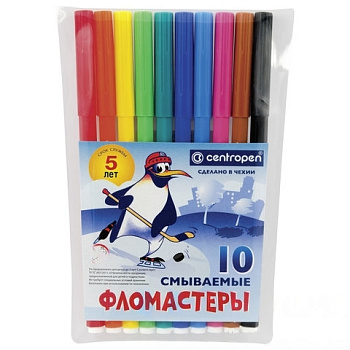 Фломастеры 10 ЦВЕТОВ CENTROPEN "Пингвины", смываемые, вентилируемый колпачок, 7790/10ET, 7 7790 1086