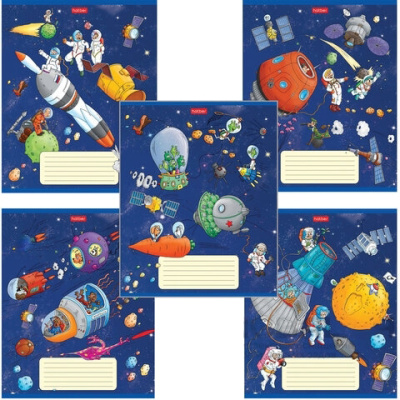 Тетрадь 18 л. HATBER клетка, обложка картон, "Космическое приключение" (5 видов в спайке),18Т5В1