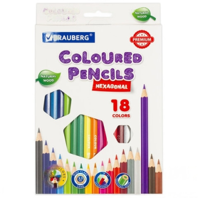 Карандаши цветные BRAUBERG PREMIUM, 18 цветов, шестигранные, грифель мягкий 3,3 мм, 181657