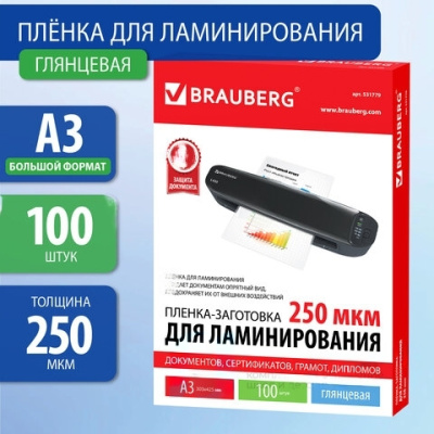 Пленки-заготовки для ламинирования БОЛЬШОГО ФОРМАТА, А3, КОМПЛЕКТ 100 шт., 250 мкм, BRAUBERG, 531779