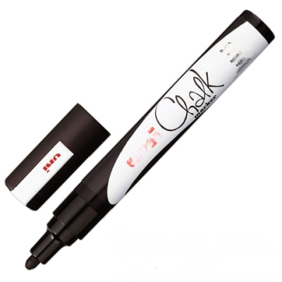 Маркер меловой UNI "Chalk", 1,8-2,5 мм, ЧЕРНЫЙ, влагостираемый, для гладких поверхностей, PWE-5M BLACK