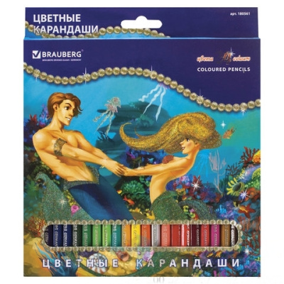 Карандаши цветные BRAUBERG "Морские легенды", 24 цвета, заточенные, картонная упаковка с блестками, 180561