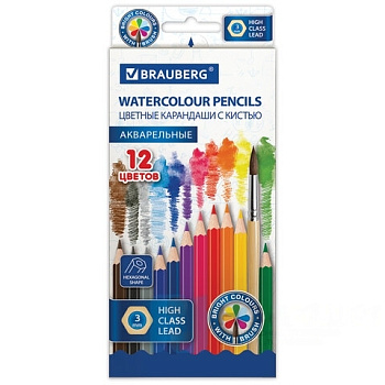 Карандаши цветные акварельные классические мягкие BRAUBERG, 12 цветов, с КИСТЬЮ, 181848