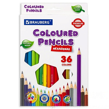 Карандаши цветные BRAUBERG PREMIUM, 36 цветов, шестигранные, грифель мягкий 3,3 мм, 181659