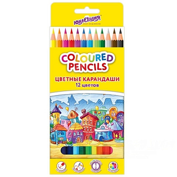 Карандаши цветные ЮНЛАНДИЯ "ДОМИКИ", 12 цветов, классические, пластиковые, грифель мягкий 3 мм, 181836