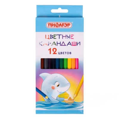Карандаши цветные ПИФАГОР "Веселые акулята", 12 цветов, классические, заточенные, 181816