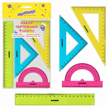 Набор чертежный средний ЮНЛАНДИЯ "Color", (линейка 20 см, 2 треугольника, транспортир), 210755