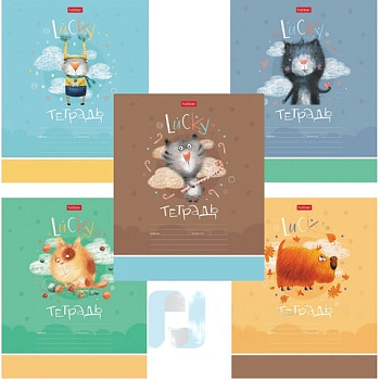 Тетрадь 12 л. HATBER клетка, обложка картон, "Счастливчики" (5 видов в спайке), 12Т5В1