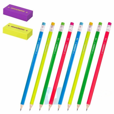 Набор ЮНЛАНДИЯ "Неончики": 8 карандашей чернографитных HB + 2 ластика, блистер, 181783