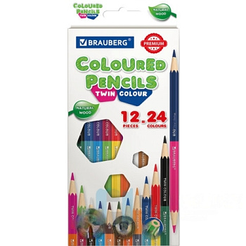 Карандаши цветные мягкие двусторонние BRAUBERG PREMIUM TWIN COLOUR, 12 штук, 24 цвета, 181874