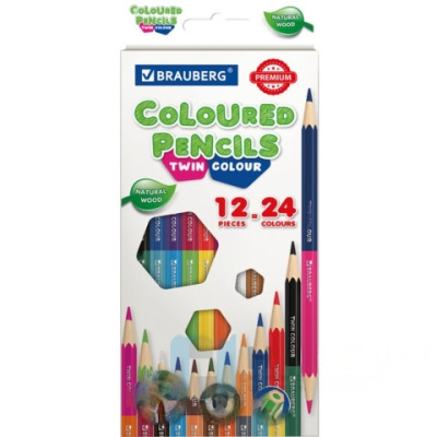 Карандаши цветные мягкие двусторонние BRAUBERG PREMIUM TWIN COLOUR, 12 штук, 24 цвета, 181874