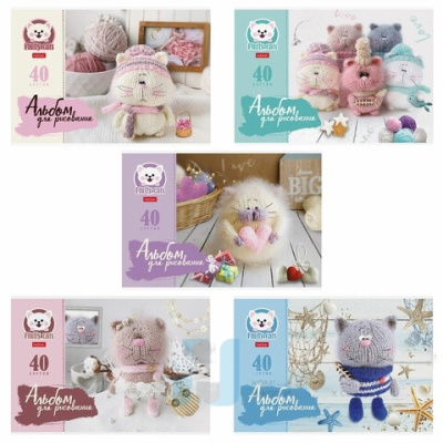 Альбом для рисования, А4, 40 л., скоба, обложка картон, HATBER, 205х290 мм, "Уютные котики" (5 видов), 40А4В