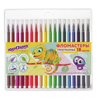 Фломастеры ЮНЛАНДИЯ 18 цветов, "ЗООПАРК", трехгранные, вентилируемый колпачок, 151426