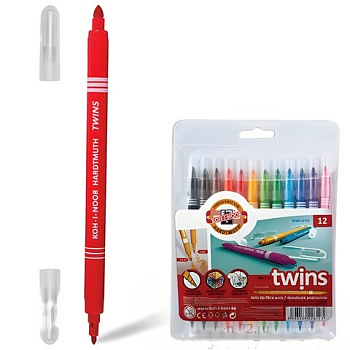 Фломастеры KOH-I-NOOR, 12 цветов, двухсторонние, 1 и 3 мм, смываемые, пластиковая упаковка, подвес, 771023AB02TE