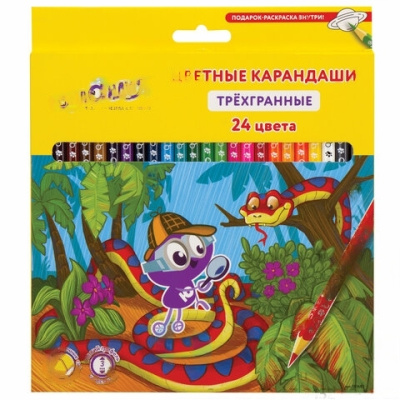 Карандаши цветные ЮНЛАНДИЯ "ЮНЛАНДИК-ДЕТЕКТИВ", 24 цвета, трехгранные, с раскраской, 181682