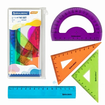Набор чертежный малый BRAUBERG "FRUITY" (линейка 15 см, 2 треугольника, транспортир), ассорти, пенал, 210770