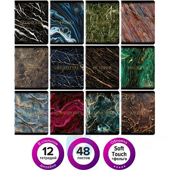Тетради предметные, КОМПЛЕКТ 12 ПРЕДМЕТОВ, "MARBLE", 48 л., SoftTouch, фольга, BRAUBERG, 404326