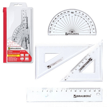 Набор чертежный малый BRAUBERG (линейка 15 см, 2 угольника, транспортир), конверт на молнии, 210306