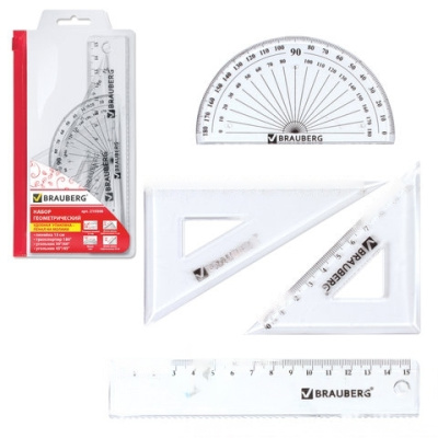 Набор чертежный малый BRAUBERG (линейка 15 см, 2 угольника, транспортир), конверт на молнии, 210306