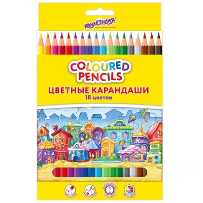 Карандаши цветные ЮНЛАНДИЯ "ДОМИКИ", 18 цветов, классические, пластиковые, грифель мягкий 3 мм, 181837